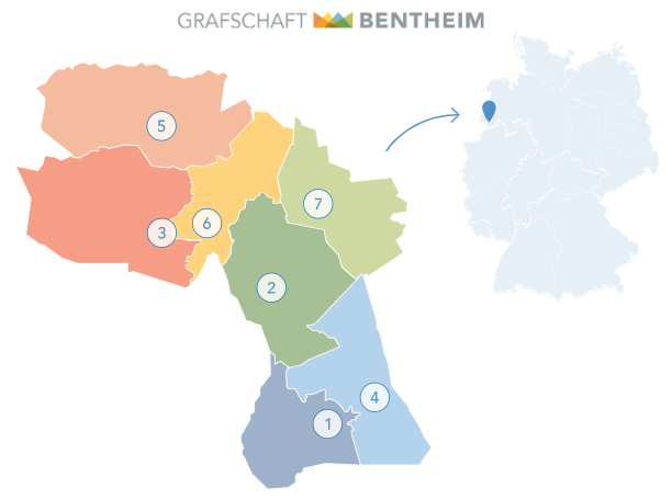 Übersichtskarte der Grafschaft Bentheim mit Zahlen die für jede Samtgemeinde steht